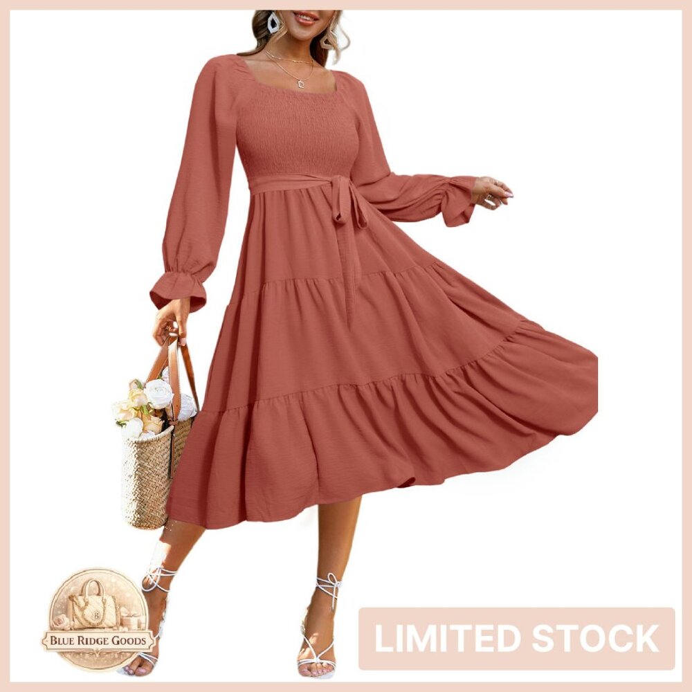 Long Sleeve Maxi Dress Smocked Square Neck Flowy Boho Wedding Guest
